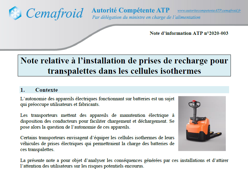 Note ATP prise recharge transpalette